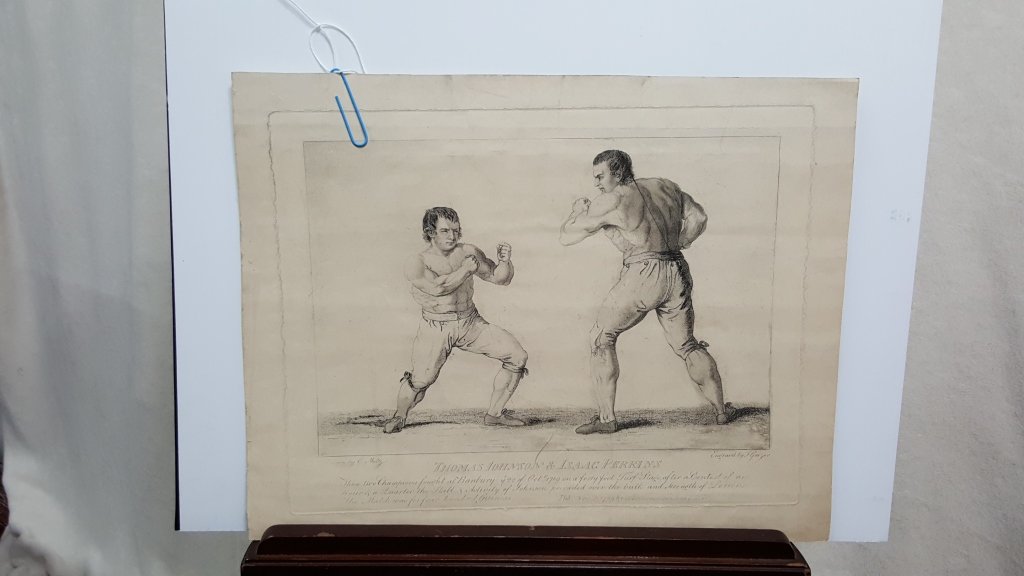 Antique Boxing- Thomas Johnson & Isaac Perrins: Antique Boxing Print- "Thomas Johnson & Isaac Perrins" "Drawn by C. Metz", "Engraved by T. Grozer", "Pub. Nov. 5, 1789, by W. Richards, York House No. 34, S. Grand". sheet size appx. 12.25" x 15 5/8".