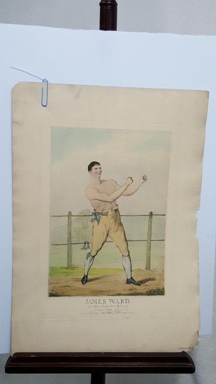 Antique Boxing Print "James Ward": Drawn & Etched by T. Jones, "James Ward/ Aged 26 Yrs, Weighs about 12 Stone 3/4/ Stands 5 feet, 9 inches & 1/2/ London Pubd April 10th 1827 by S. W. Fores 41 Piccadilly". Impression size appx. 16" x 1