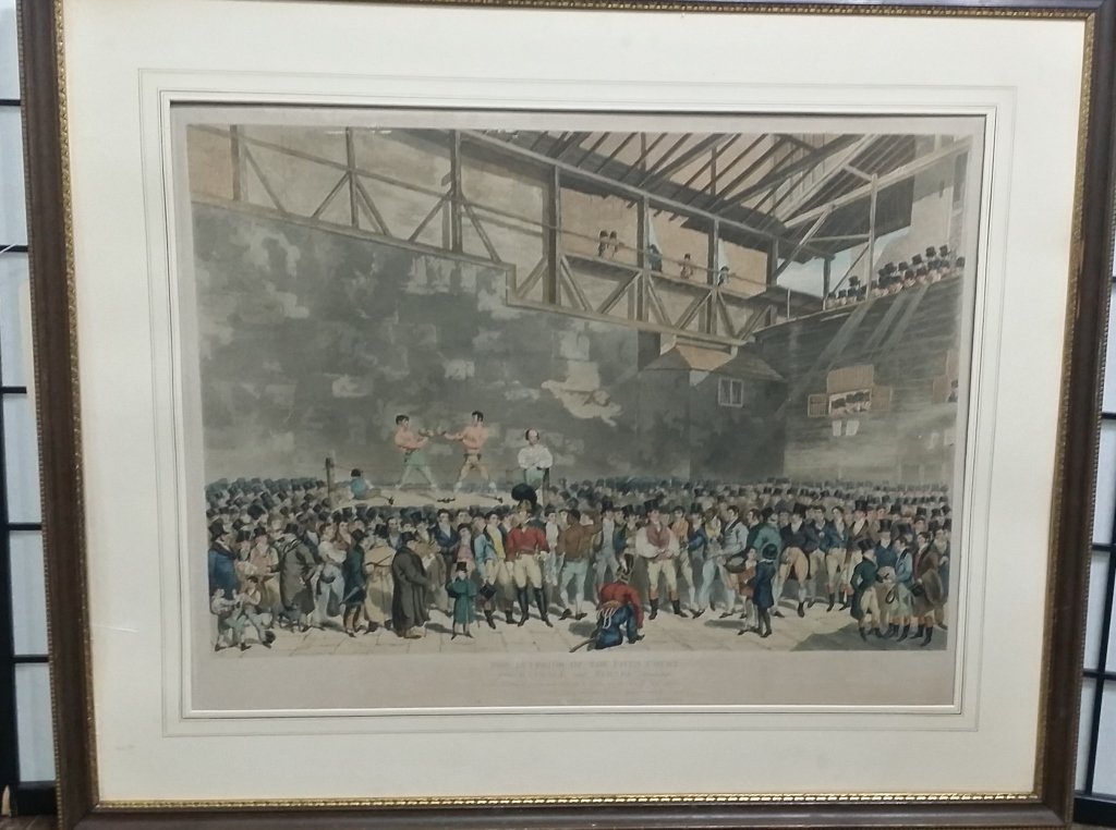 19th C British Boxing Print Randal & Turner: A large and important boxing print. The Interior of the Fives Court/ With Randall and Turner Sparring/ to the noble men, gentlemen, patrons & lovers of the art of self defence/ this print is inscribed