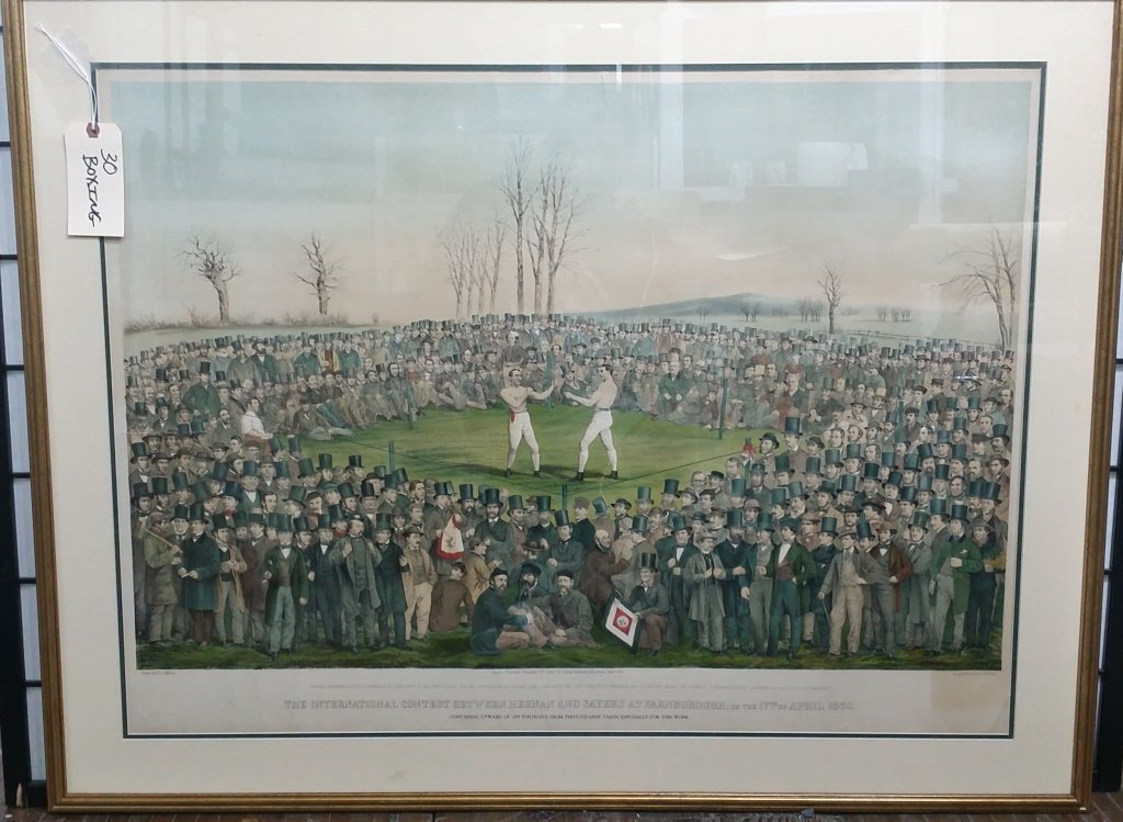 Heenan & Sayers Large antique boxing print, 19th C: The International Contest Between Heenan And Sayers at Farnborough, on the 17th of April 1860. Overall framed size appx. 37' x 48". Image size appx. 29.5" x 39.5". "Drawn by W.L. Walton London Publish