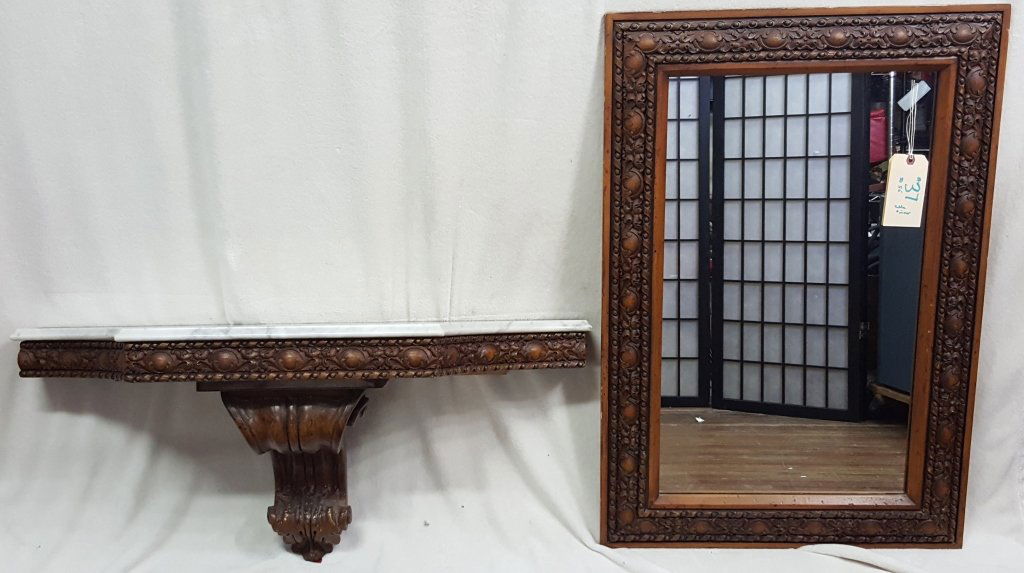 Hand Carved Console Table & Mirror, Marble Top (1 of 3)