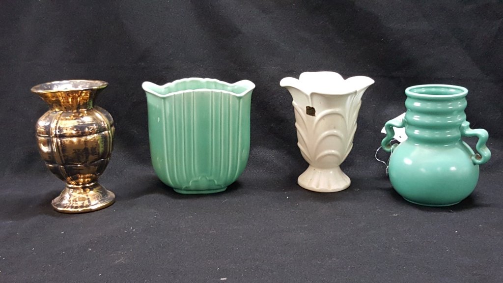 4- Stangl Pottery Vases: Black / Gold #1905, Of white #3217, Green #3263, and Green handled #3140
