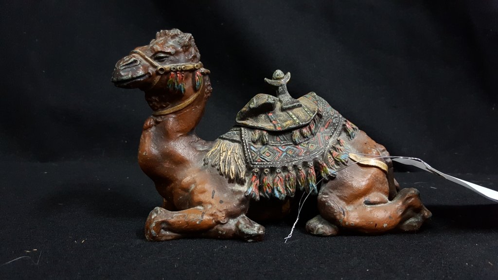 Cold Painted White Metal Camel Ink Well: Minor paint loss, hinge needs work but still functions. 5.5" X 9" X 4"