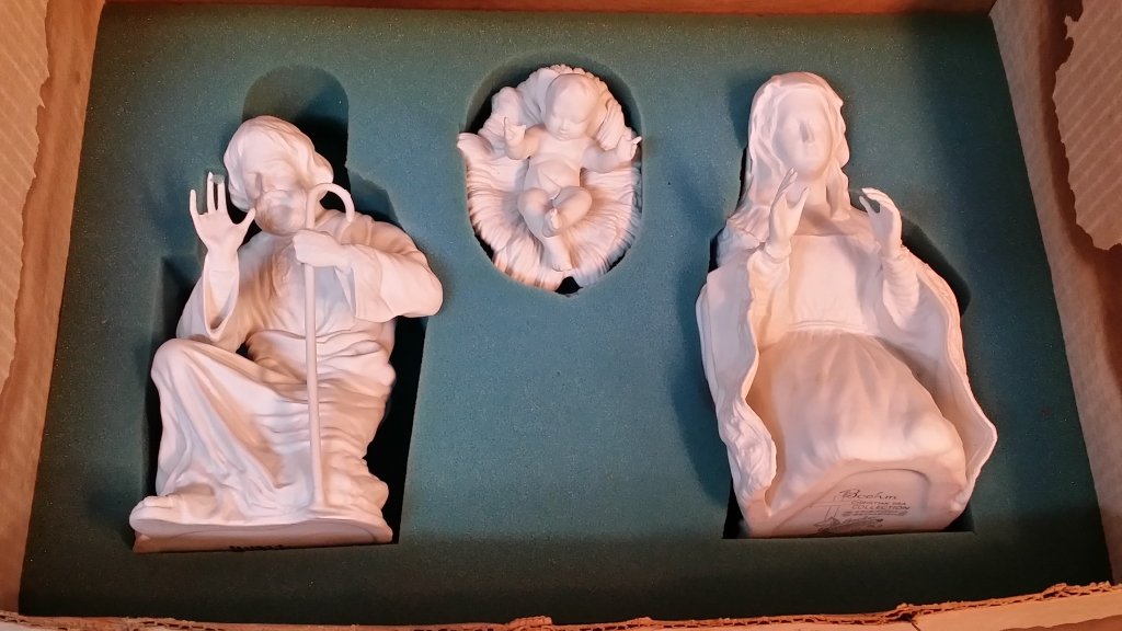 Boehm Porcelain Nativity set in the box: Mary, The Christ Child, & Joseph In original box, as found. Joseph has damaged finger.