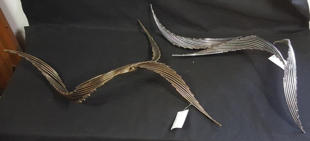 Large Modern Curtis Jere Metal Sculpture: Consisting of 2 pieces, Designer & Manufacturer: Curtis Jere; Artisan House Markings: marked Country of Origin & Materials: USA; metal Bonze, 35 1/4" X 35 3/7" signed near one of the wall mounts Chrom