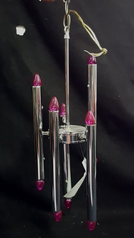 Mid Century Modern Chrome Hanging Fixture: Unique Chrome rod design, with pink bulbs (not sue if they all work)