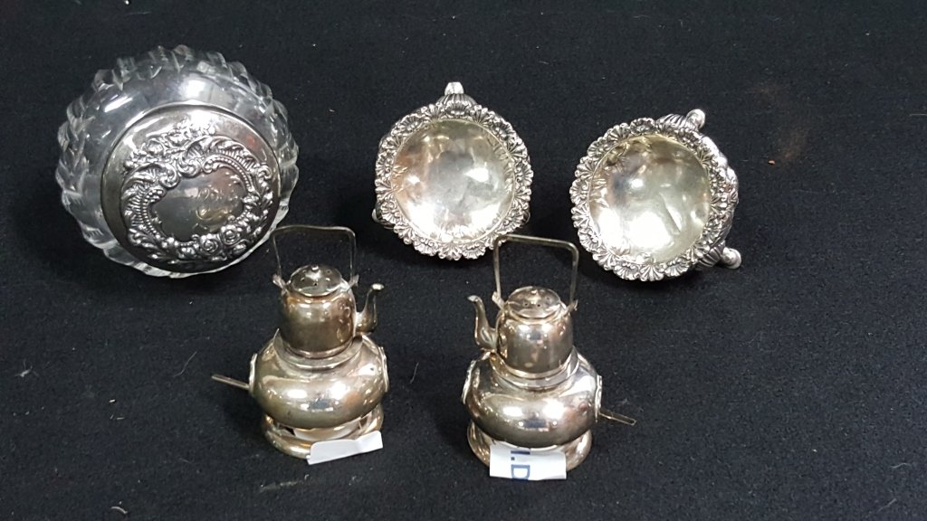 Sterling Silver Salt Pots & Covered Crystal Jar (1 of 4)