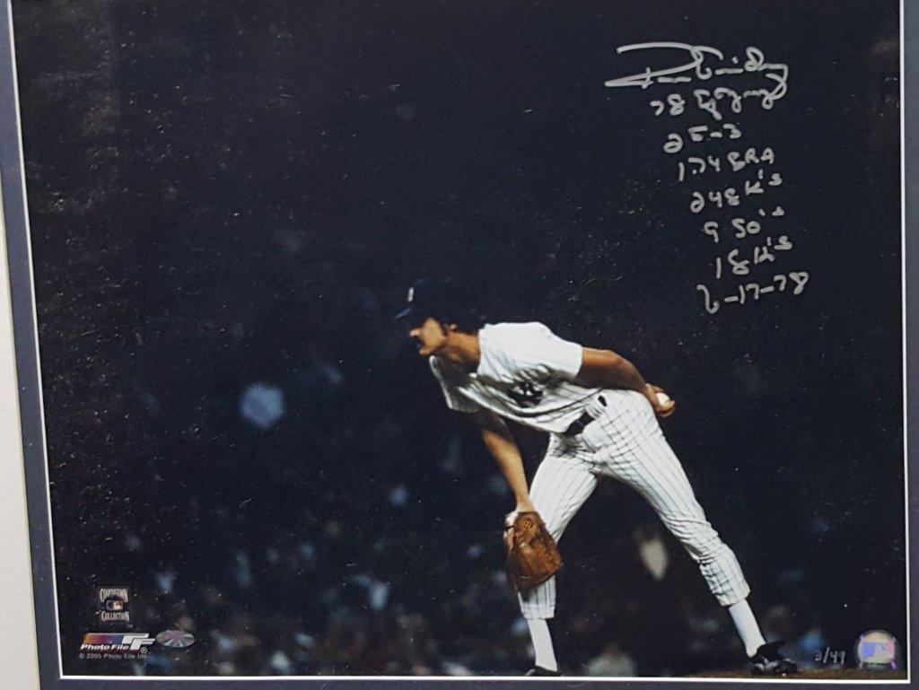 Ron Guidry 78 CY Young ; Autograph W/ Season Stats: From the estate collection of a life long New York Yankees Fan. Hand signed by Ron Guidry 16" X 20", On the Mound Looking In for the Sign. With certificate of authenticity, MLB sticker, limited editio