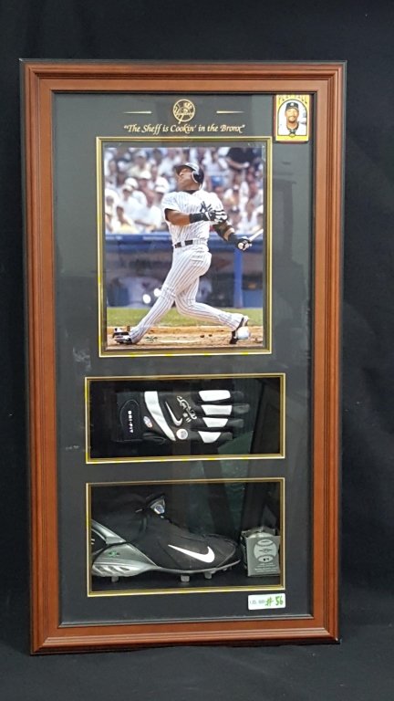 NY Yankees Gary Sheffield "The Sheff is Cookin": From the estate collection of a life long New York Yankees Fan. A tribute the the great Gary Sheffield in the stunning shadow box / display case (Sheff Authenticated sticker on all game worn itmes. In