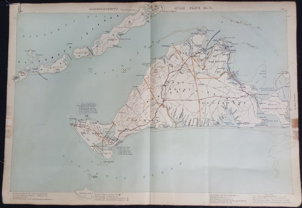 Antique Map of Martha's Vineyard: From the Massachusetts Atlas, Plate No. 11. Last copyright date 1907, Geo. H. Walker & Co. Boston, Mass. Pages 126 and 127, now linen backed.