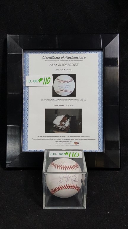 NY Yankees Alex Rodriguez "500 Home-Run" Autograph: Hand signed by Alex Rodriguez on official Rawlings baseball. With certificate of authenticity and photo of Alex signed the balls, Number 29 / 113.