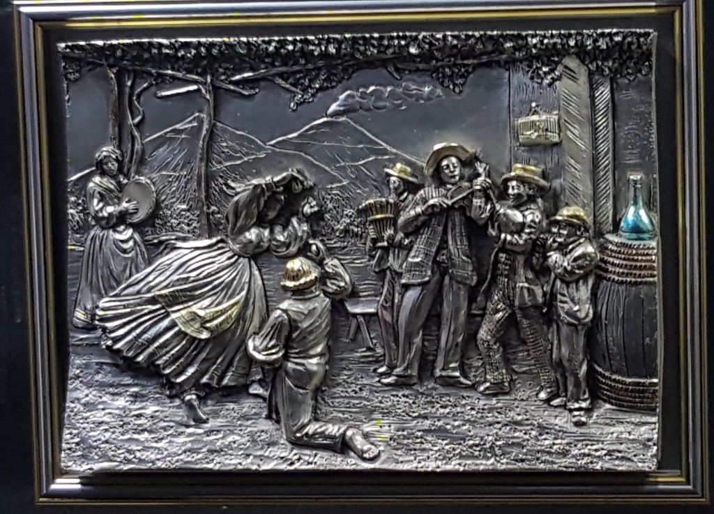 Large Italian .925 Artistic Sculpture by Atelier: Silver Italian deep relief sculpture, depicting a band playing while a couple dances. Sight 13" X 9.5" with authenticity on the back.