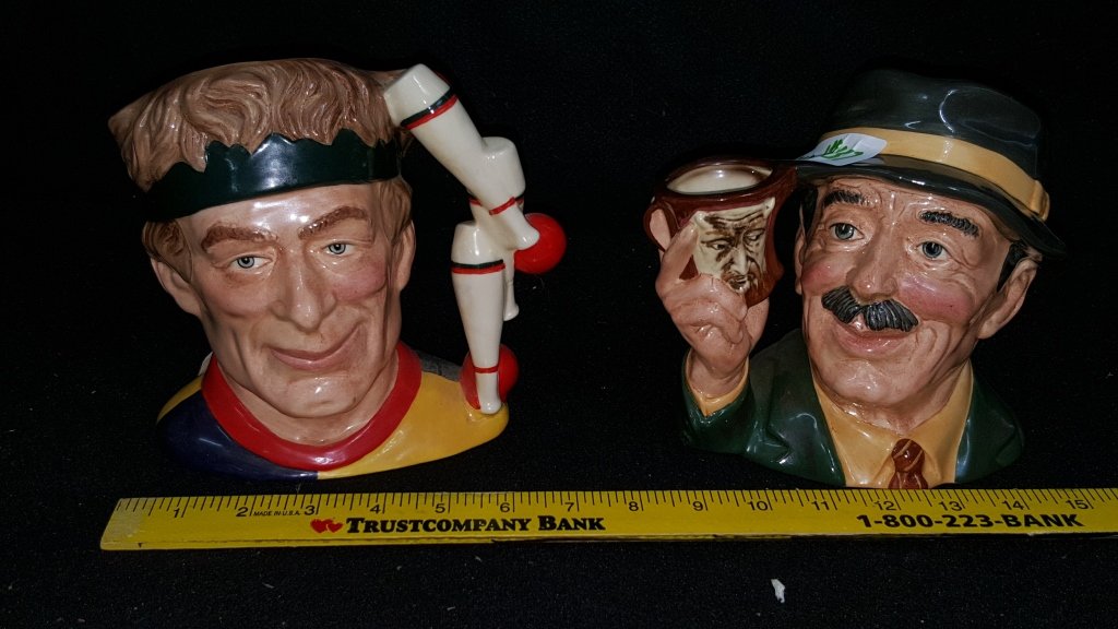 Large Royal Doulton Toby Mug Character Mugs: The Juggler 1988 & " The Collector" 1987 each standing just under 7"