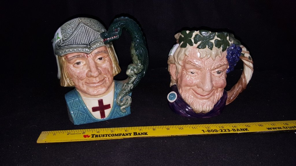 Large Royal Doulton Toby Mug Character Mugs: St. George 1967 and "Bacchus" 1958. Measuring 7" and 7.75"