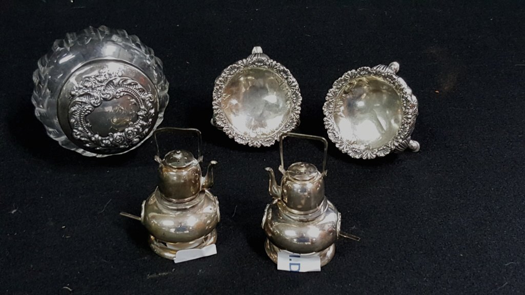 Sterling Silver Salt Pots & Covered Crystal Jar: A pair of footed antique salts, a pair of salt (kettle) pots, and a sterling covered crystal jar. All marked sterling.