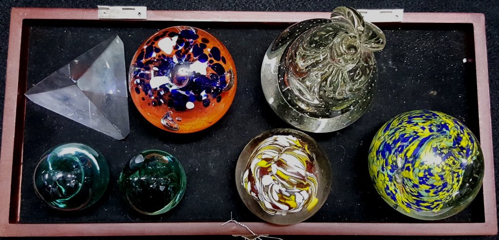 Art Glass Paperweight Collection with Stuben: 7 total, a controlled bubble pear, 2 eggs, Stuben pyramid, and 3 others ( 1 is signed AL )