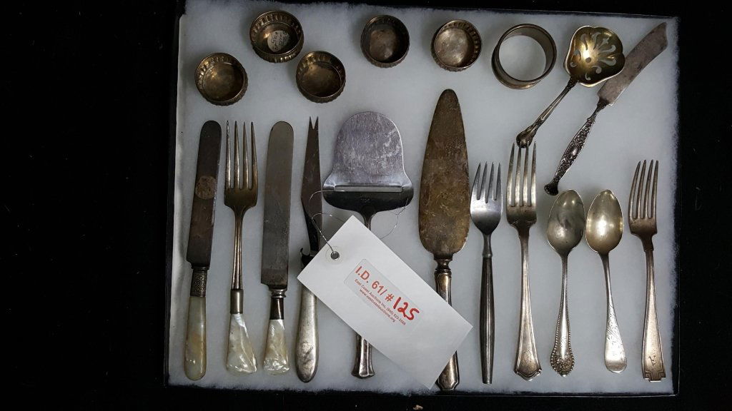 Assorted Antique Sterling Silver: 5 Chinese salts, engraved napkin ring, and assorted flatware & service pieces.