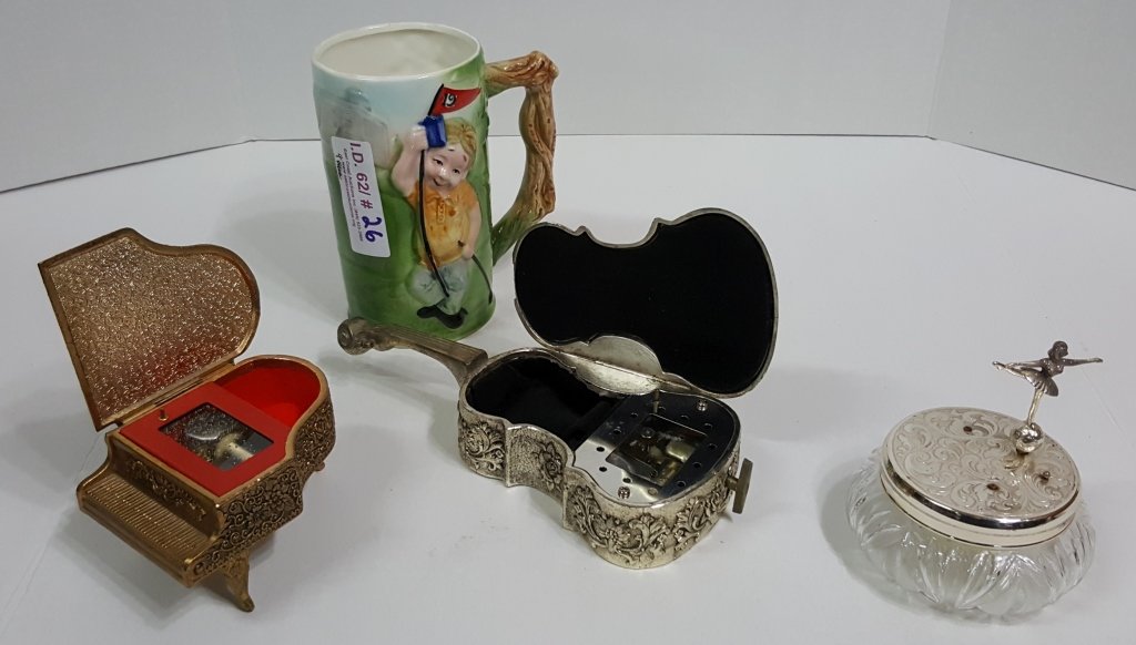 Music Box Collection: Baby grand piano, with bust of a women on top. Silver tone Bass, dancing ballerina and Hole 19 musical golf mug.