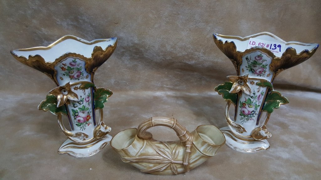 Royal Worcester and Pair of Paris Porcelain Vases: Handled green mark Royal Worcester vase. Along with a pair of Paris porcelain floral decorated vases.