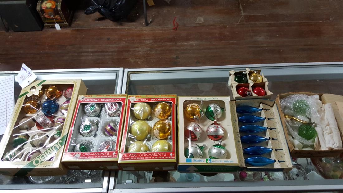 Shimmering Boxes Of Glass Christmas Ornaments: Finest American Made Glass / Paragon blue tree ornaments, Imported Bradford hand decorated glass Christmas Decorations. Along with a Pyramid box with mixed ornaments.