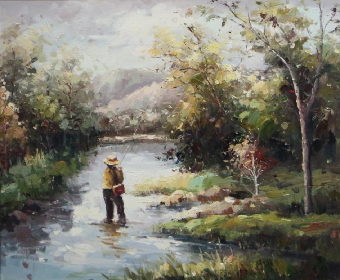 Fly Fishing Oil on Canvas: Unsigned oil on canvas of a man fly fishing in a river, sight 19 7/8" X 23 5/8"