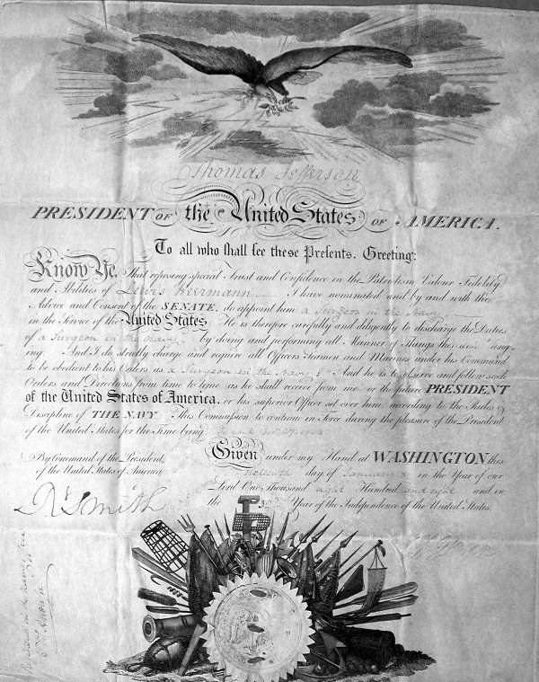 THOMAS JEFFERSON: THOMAS JEFFERSON DS, "Th: Jefferson", as President, 1p, Jan 16, 1808, folio, vellum, naval appointment of Lewis Herrmann as "Surgeon in the Navy." Also signed by Robert Smith (1757-1842), as Sec of Na