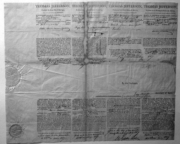 THOMAS JEFFERSON: THOMAS JEFFERSON Partly printed DS, "Th: Jefferson", as President, 1p, May 23, 1807, oblong folio, four language ship's paper, for the Ship "Centurion", commanded by John Williams, in the port of New