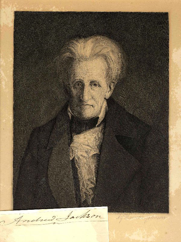 ANDREW JACKSON: ANDREW JACKSON Bold signature. Mounted, with some glue show through. Overall G/VG. Comes with a large engraving of Jackson, pencil signed by Thomas Johnson.