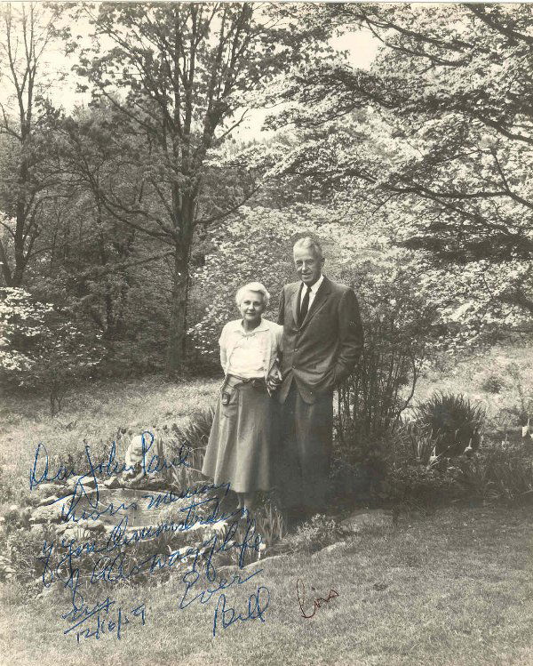 WILLIAM (Bill) G WILSON (1895-1971): WILLIAM (Bill) G WILSON (1895-1971) Co-founder of Alcholics Anonymous (1935), with Dr Robert Smith. ISP, "Bill", b/w, 8"X10", outdoor scene with his wife Lois. Signed, "Dear John Paul, ? memory of you