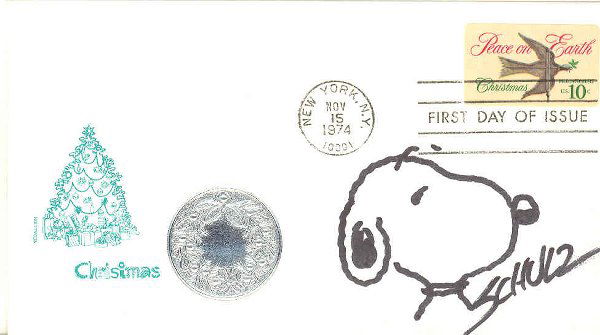 CHARLES SCHULZ (1922-2000): CHARLES SCHULZ (1922-2000) Cartoonist, best known for "Peanuts." Original ink sketch of "Snoopy", signed "Schulz", on FDC honoring Christmas, postmarked New York, Nov 15, 1974. VG.