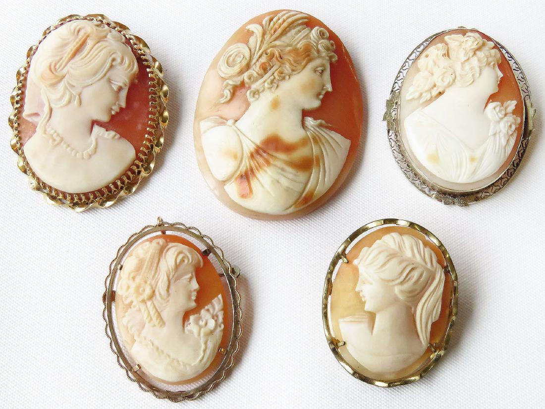 LOT (5) VICTORIAN CAMEO BROOCHES, 1 W/14K BEZEL (1 of 2)