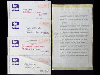 HOWARD & PAT MILLS PERSONAL WOODSTOCK COLLECTION: HOWARD & PAT MILLS PERSONAL COLLECTION OF WOODSTOCK VENTURES CORRESPONDENCE; INCL. (2) ORIGINAL CONTRACTS SIGNED BY JON ROBERTS, PRESIDENT WOODSTOCK VENTURES DATED MAY 23, 1969 W/ THE ORIGINAL LETTER