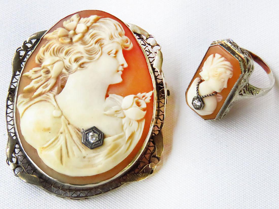 2 VICT. CAMEO BROOCH, 14K W.GOLD & RING W/DIAMOND (1 of 2)