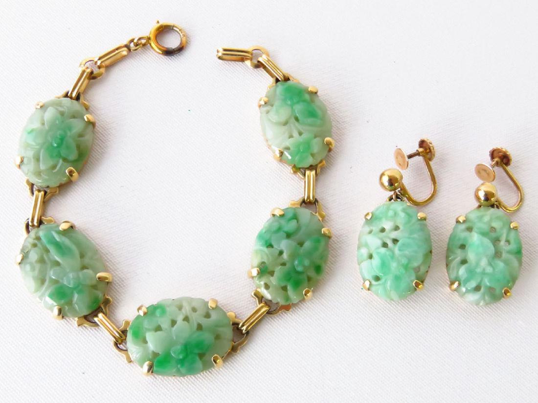 CHINESE CARVED JADE/14K GOLD BRACELET/EARRING C.1960 (1 of 4)