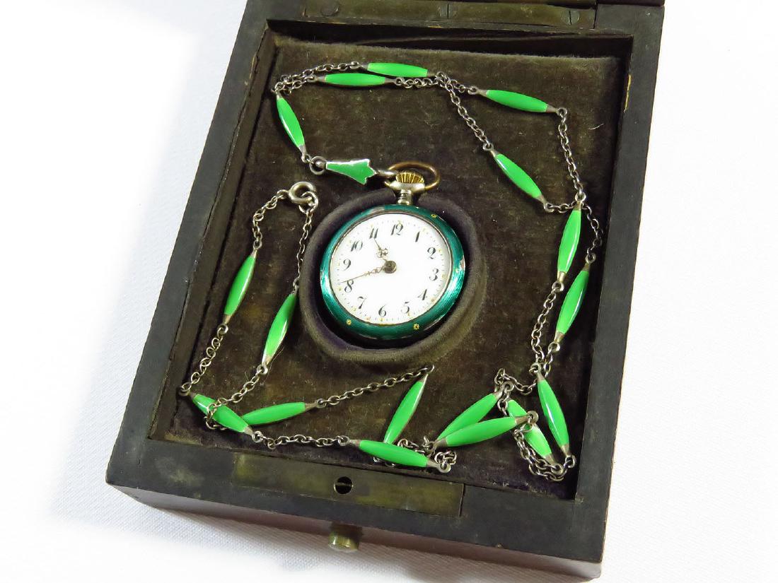 FRENCH ENAMELED PENDANT WATCH 19TH C. (WOOD CASE) (1 of 5)