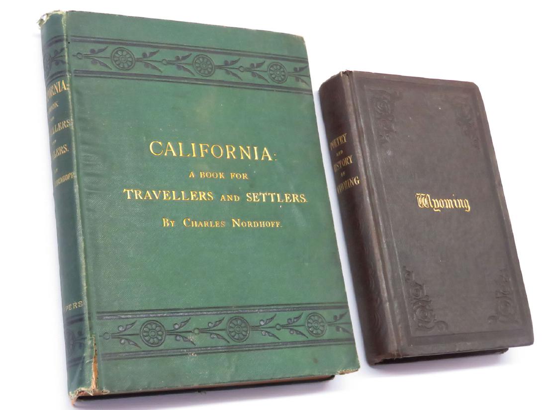 (2) "POETRY & HISTORY OF WYOMING" W. STONE 1841 1ST ED.: LOT (2) VOLS. INCL. "POETRY & HISTORY OF WYOMING" WILLIAM STONE 1841 1ST EDITION; "CALIFORNIA" CHARLES NORDHOFF 1873 1ST EDITION