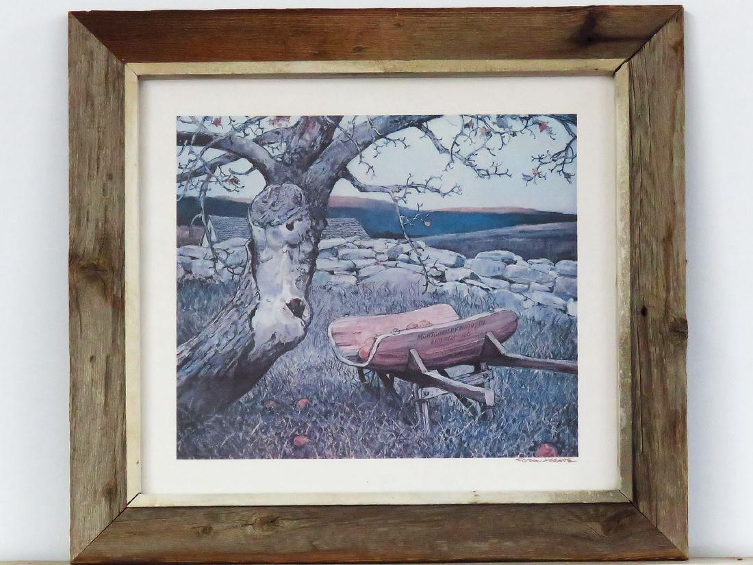 PRINT, SIGNED ERIC SLOANE, MONTGOMERY WARD WHEELBARROW: PRINT, SIGNED ERIC SLOAN, MONTGOMERY WARD & CO. WHEELBARROW; C. 1970; 18" X 20"