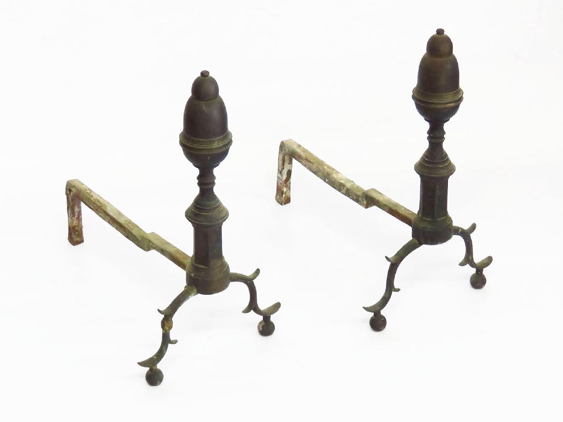 PR. CHIPPENDALE BRASS ACORN ANDIRONS 18/19TH C. (1 of 4)