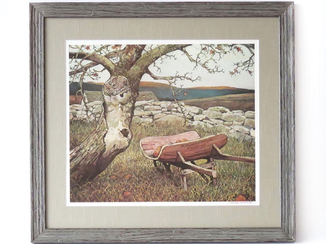 LITHO "THE OLD WHEELBARROW" SIGNED ERIC SLOANE: LITHO "THE OLD WHEELBARROW" SIGNED ERIC SLOANE C. 1970; 14 1/2" X 17"