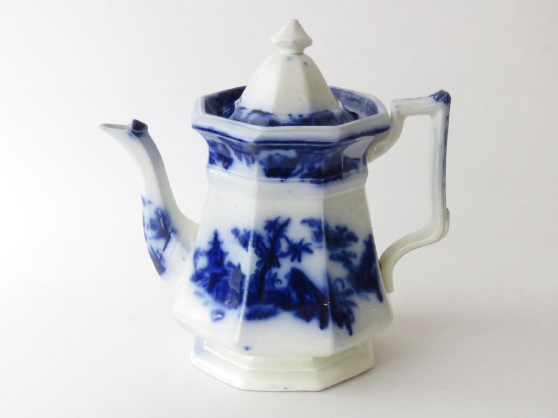 FLOW BLUE ORIENTAL PATTERN STRAIGHT SIDED COFFEE: FLOW BLUE ORIENTAL PATTERN STRAIGHT SIDED COFFEE POT 19TH C.