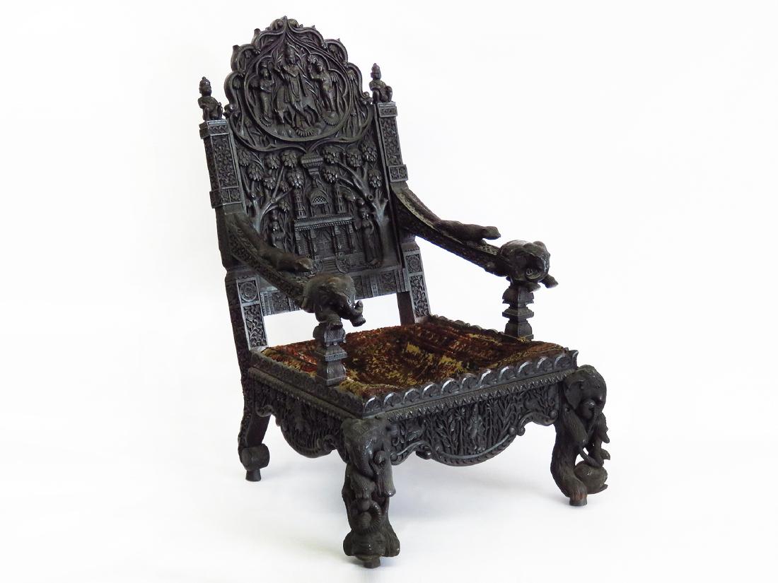INDIA ROYAL COURT ROSEWOOD THRONE 18/19TH C: INDIA ROYAL COURT ROSEWOOD WEDDING/PRINCE THRONE 18/19TH C, WITH CARVED BADGERS, ELEPHANTS,FIGURES AND THE #2 UNDER SEAT H. 45" W. 29"