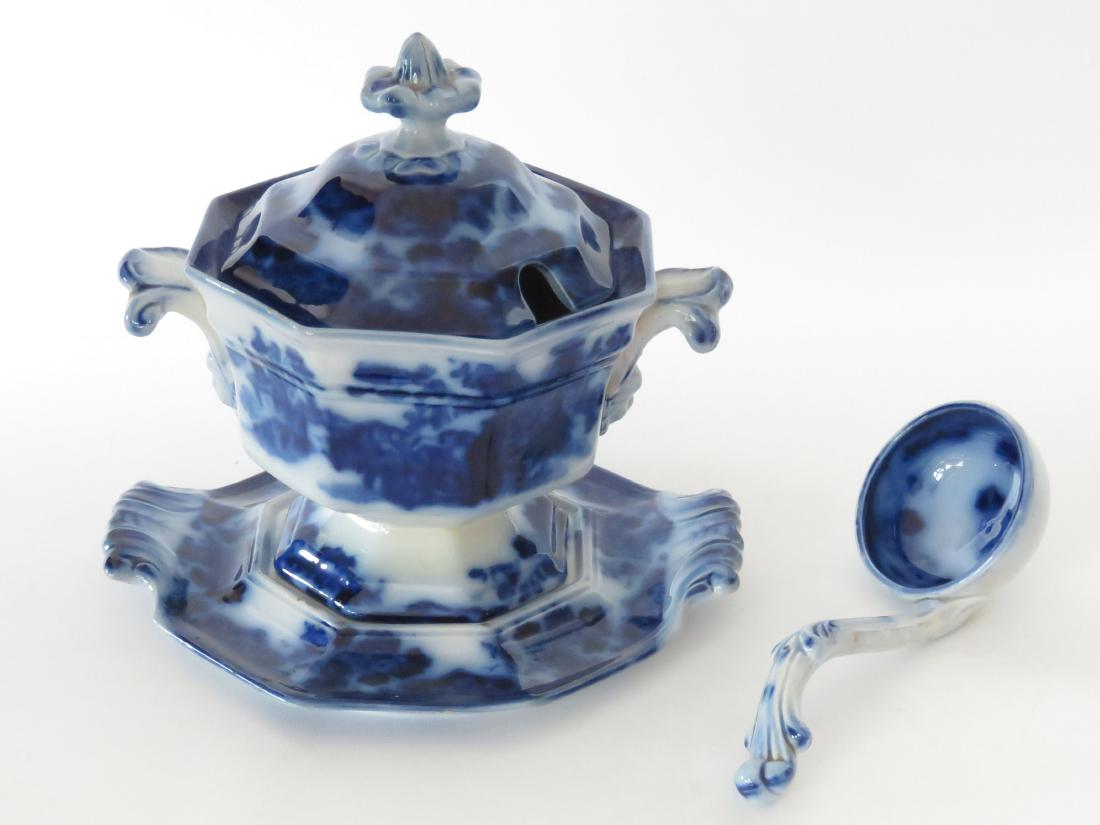 FLOW BLUE "SOBRAON" PATTERN COVERED SAUCE TUREEN: FLOW BLUE "SOBRAON" PATTERN COVERED SAUCE TUREEN 19TH C. (POSSIBLY ALCOTT), H. 8"