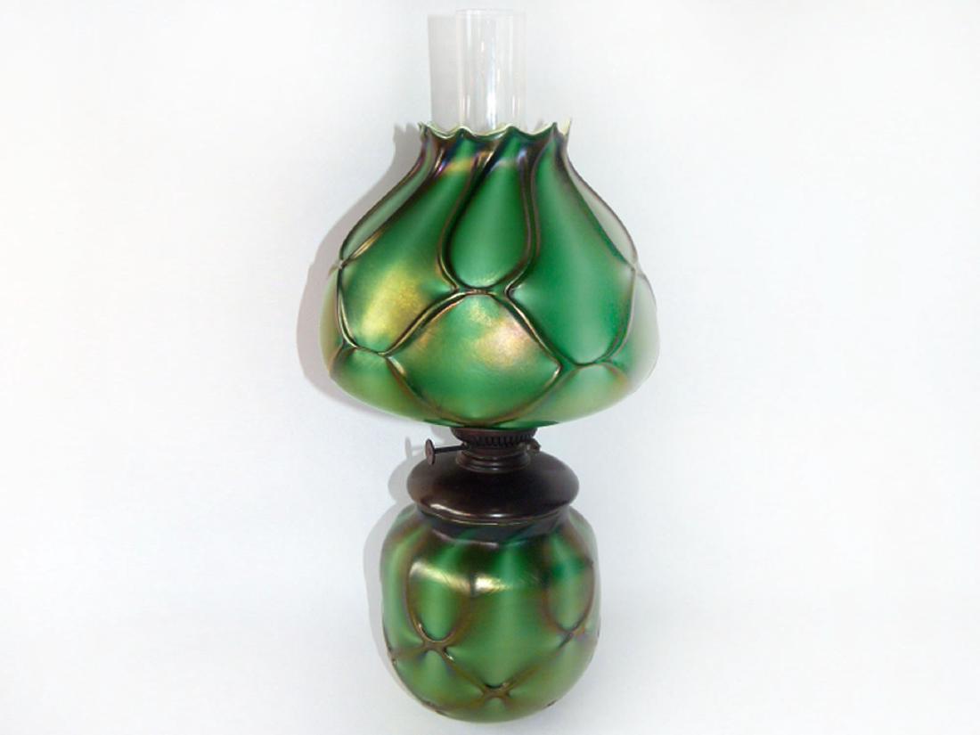 TIFFANY ART GLASS KEROSENE TABLE LAMP SIGNED L.C.T. (1 of 10)