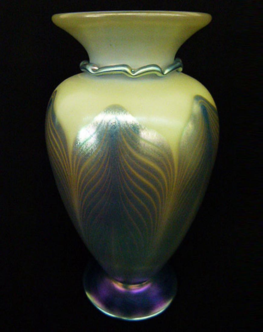 ART GLASS VASE W/PULLED FEATHER DECORATION, L.C.T. (1 of 6)