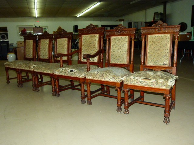 6 R.J HORNER & CO. CARVED OAK DINING ROOM CHAIRS (1 of 8)