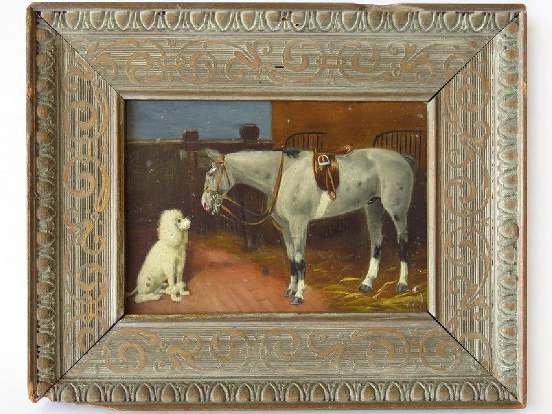 O/P HORSE W/ POODLE SIGNED ILLEDG. VERSO 19/20TH C. (1 of 3)