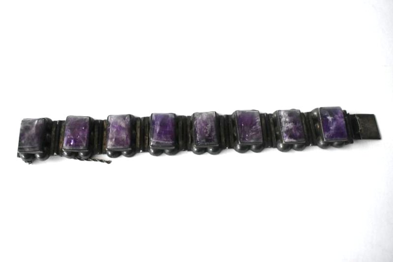 MEXICAN STERLING/CHUNK AMETHYST BRACELET SIGNED (1 of 6)