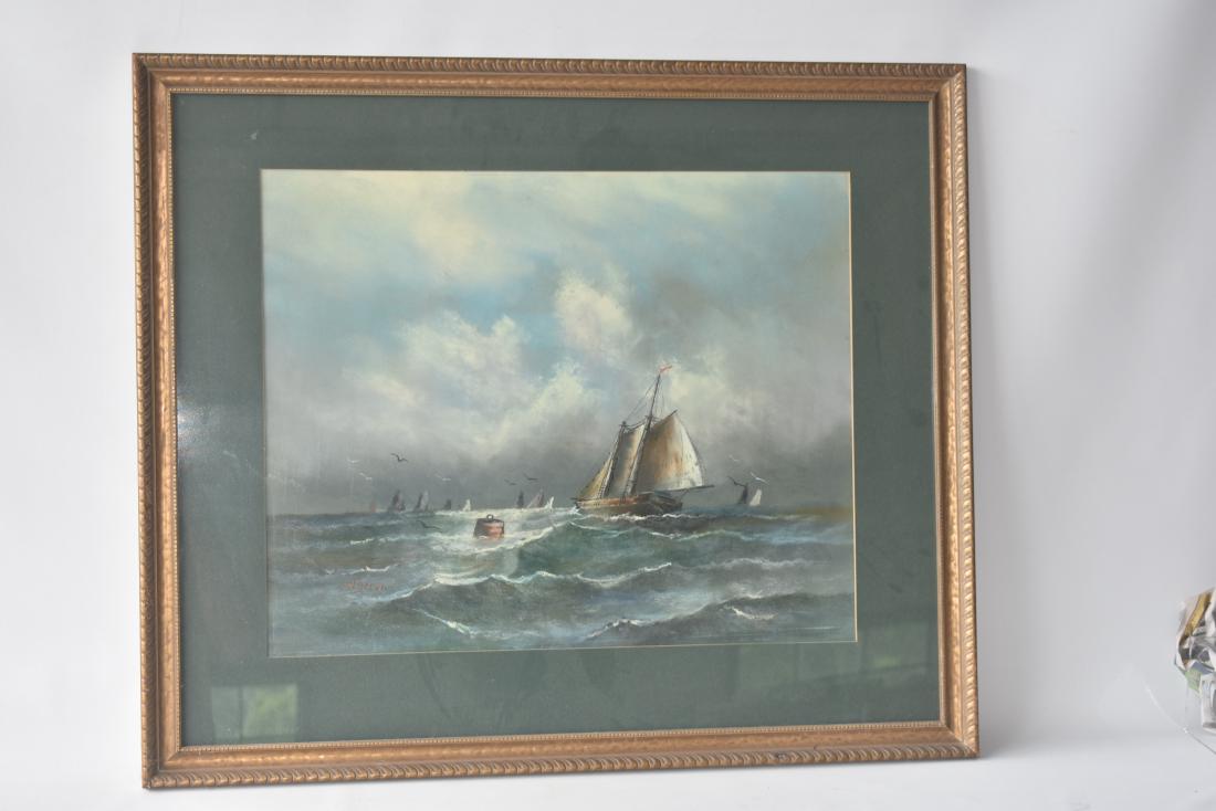 PASTEL/PAPER ROUGH SEAS SIGNED W. DREW 19TH C. (1 of 3)