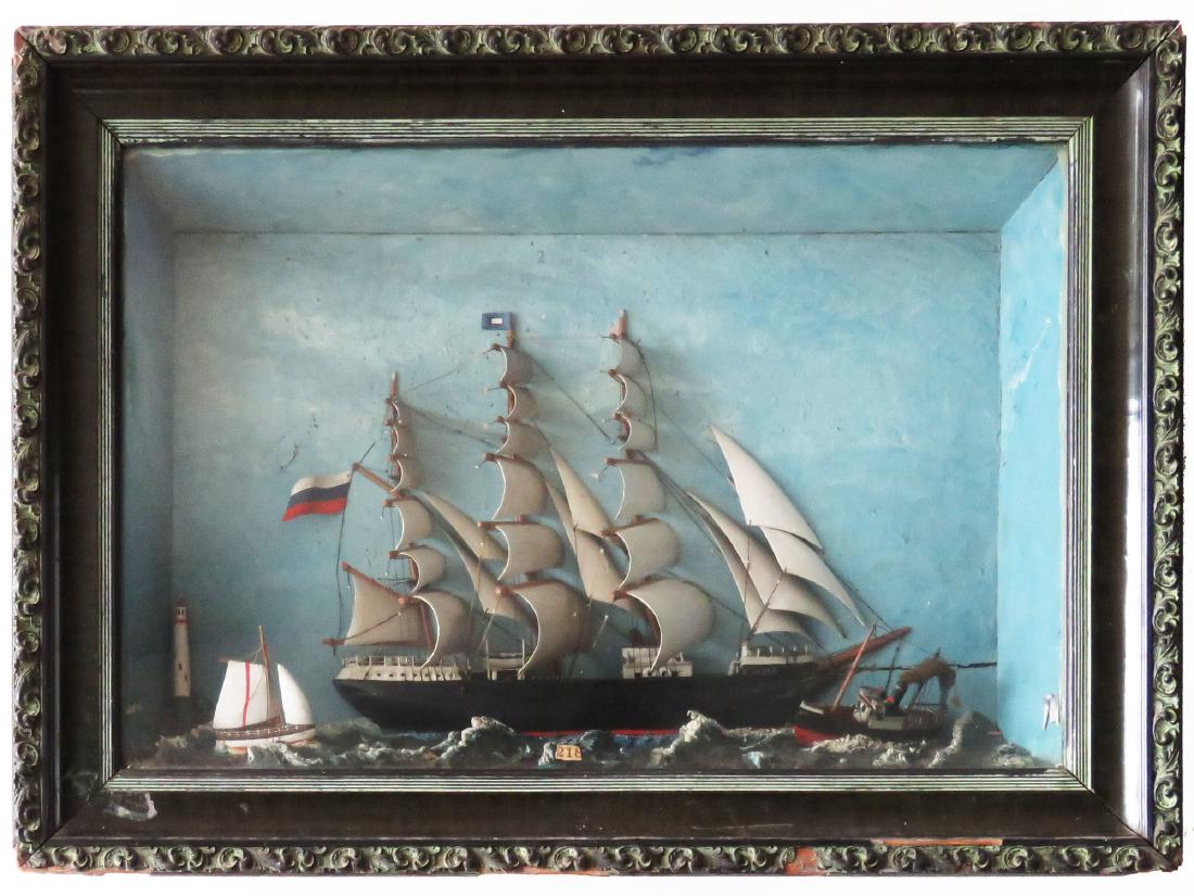 CARVED/PAINTED SHIP DIORAMA "EMMA" W/TUG/SAIL BOAT: FOLK ART CARVED/PAINTED SHIP DIORAMA "EMMA" W/ TUG/SAIL BOAT 19TH C.23" X 32"
