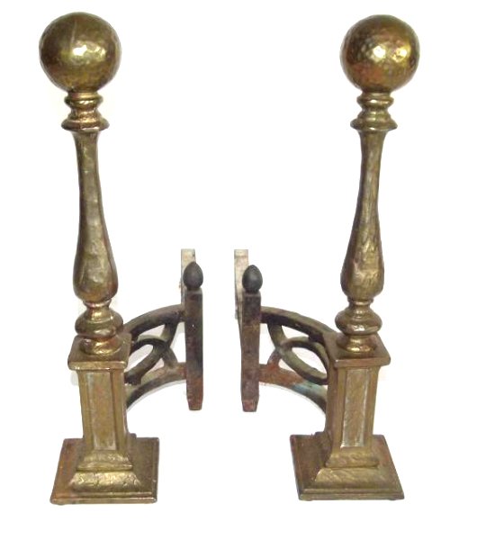 PR. CAST BRASS ARTS/CRAFTS ANDIRONS (HUBBARD): PAIR CAST BRASS ARTS/CRAFTS ANDIRONS (BRADLEY HUBBARD) C.1920 H. 21"